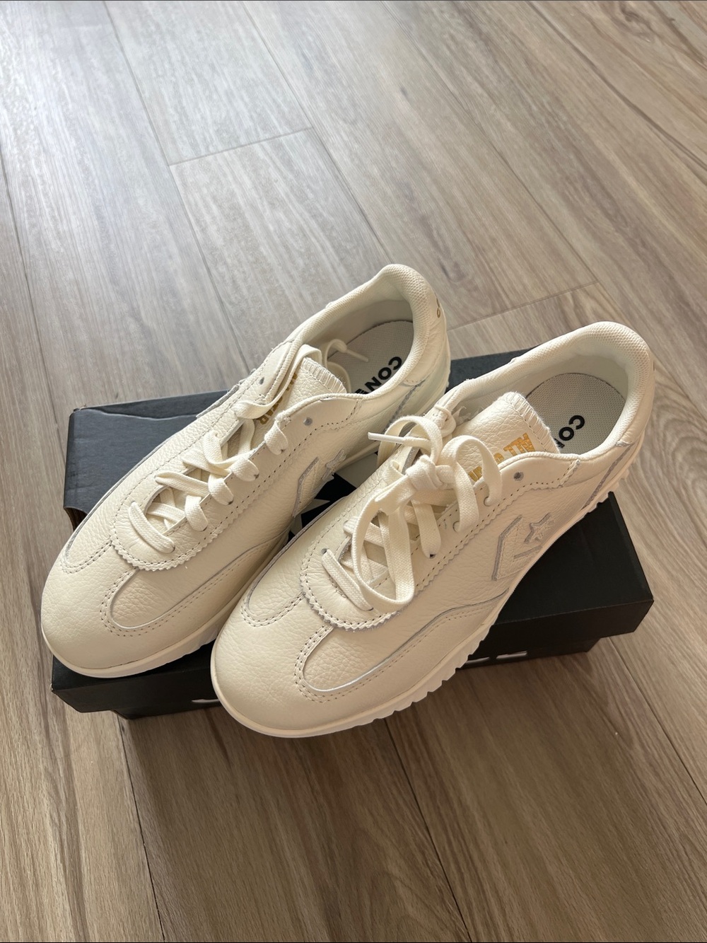 Converse Leather Off-White Run Star Trainer Gold Low Top Sneakers